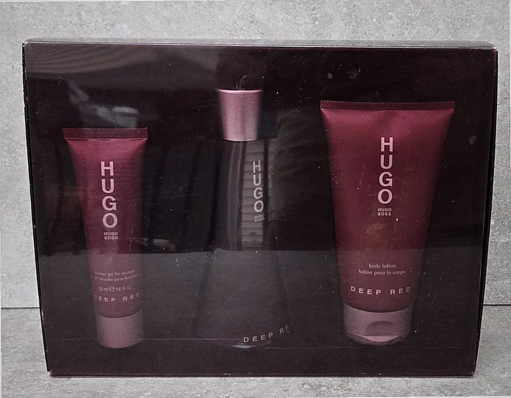 Vtg Hugo Boss Deep Red 3 oz Perfume 5 oz Body Lotion 2.5 oz Shower Gel Gift Set